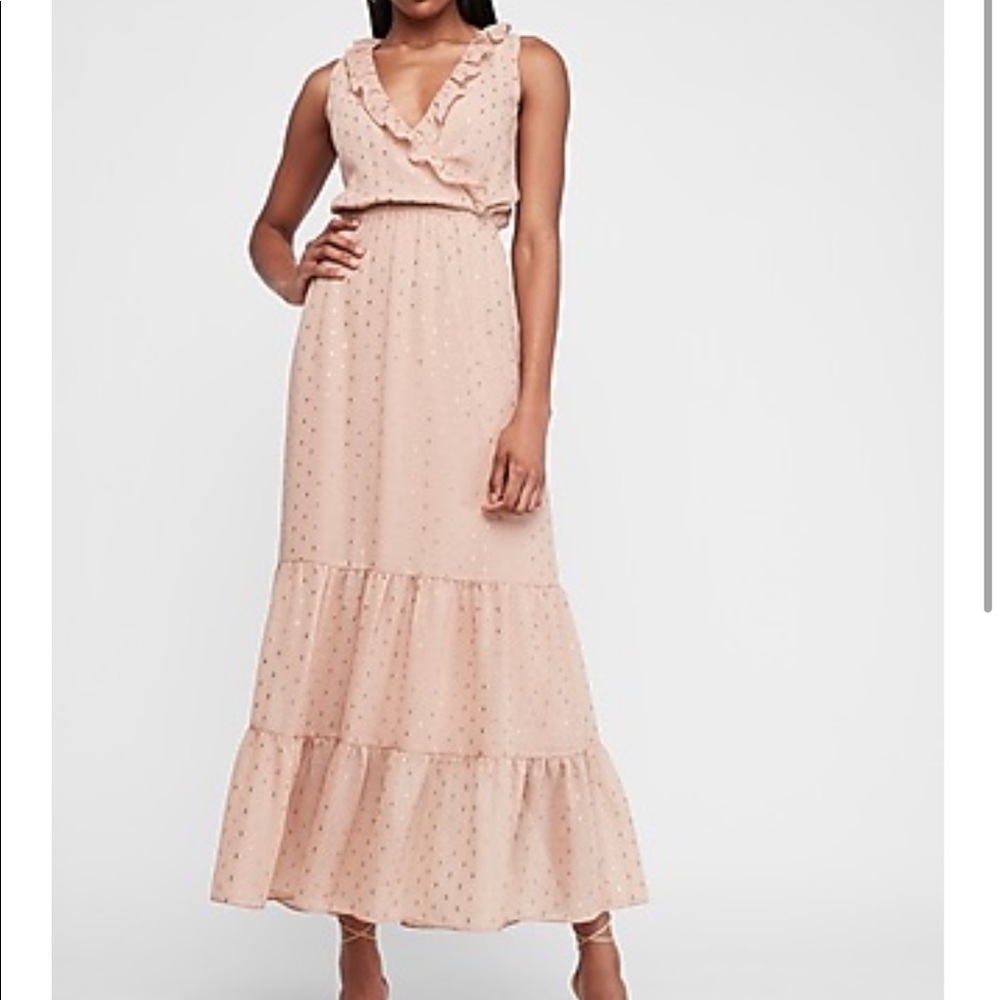 NWT Express Metallic Clip Dot Ruffle Maxi Dress